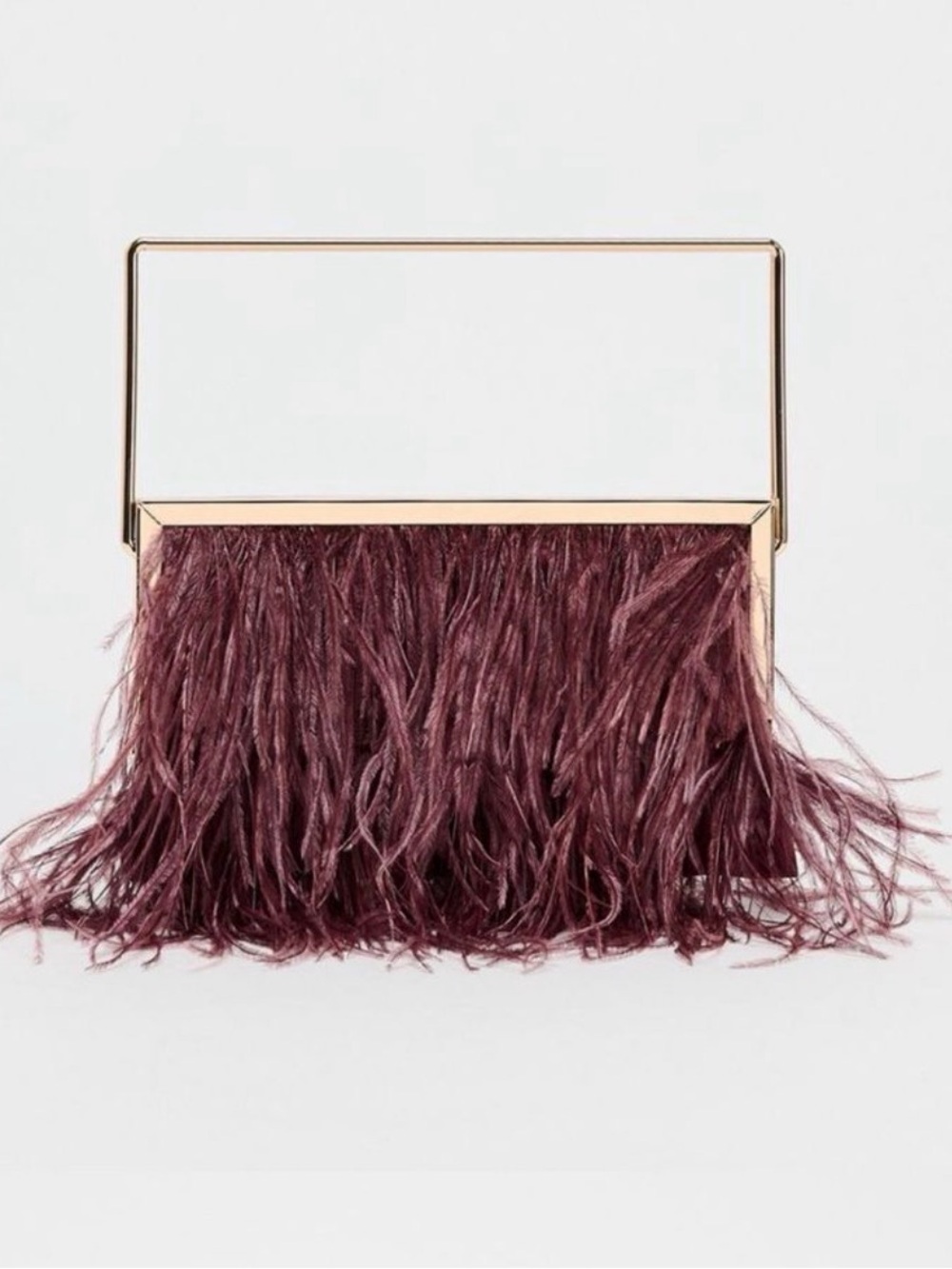 Zara Gold-Frame Feather Fringe Evening Bag in Plum